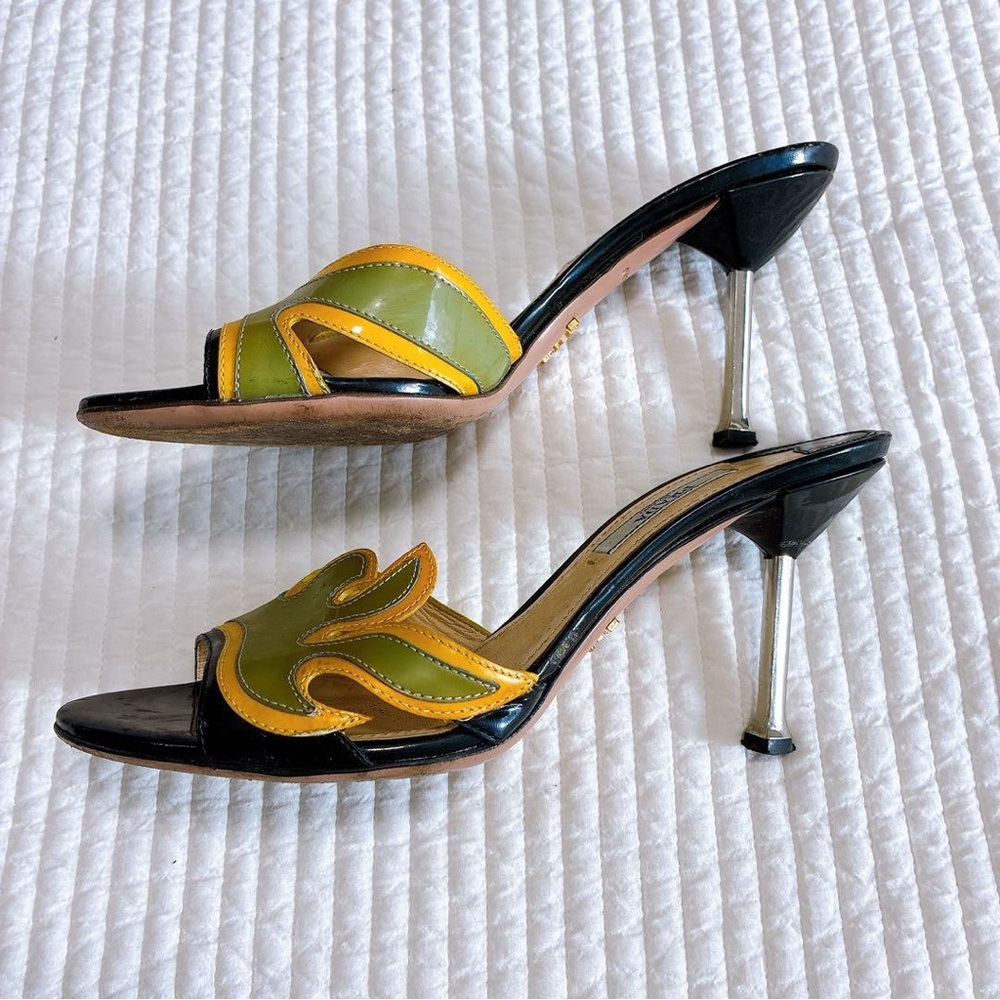 SOLD !! SS2012 Prada Hot Rod Yellow and Mint Patent Leathers Mule Heels